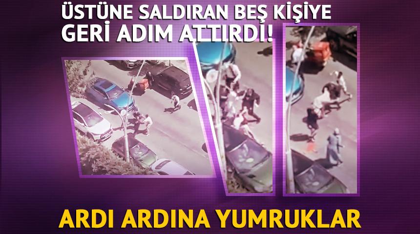 Üstüne saldıran beş kişiye de geri adım attırdı! Ardı ardına yumruklar...