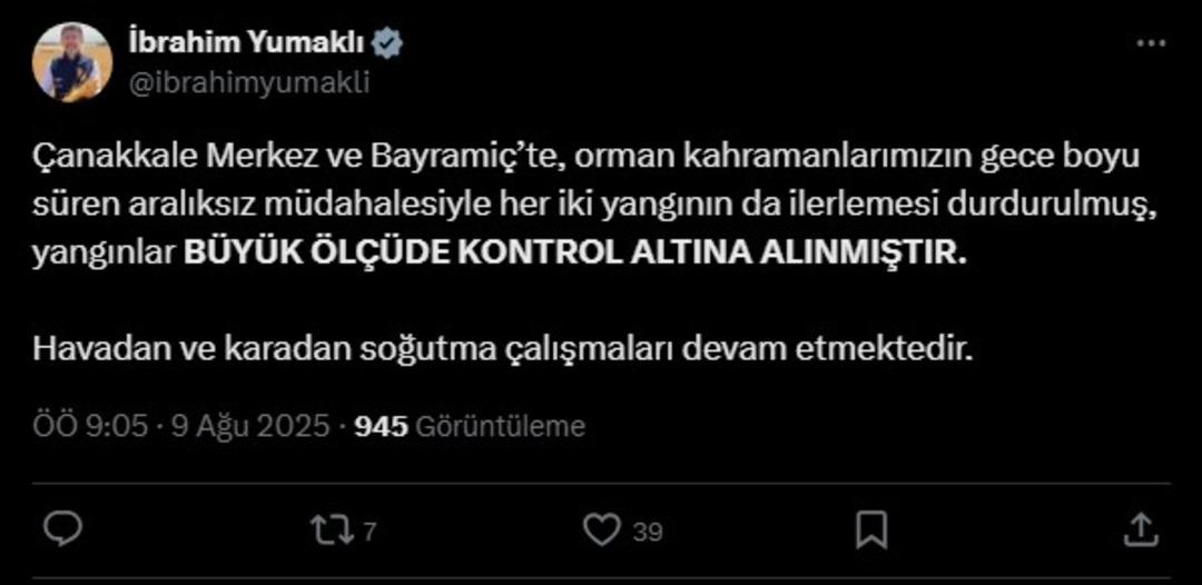 Çanakkale alevlere teslim olmuştu! Bakan Yumaklı son durumu paylaştı: "Büyük ölçüde kontrol altına alınmıştır" 4