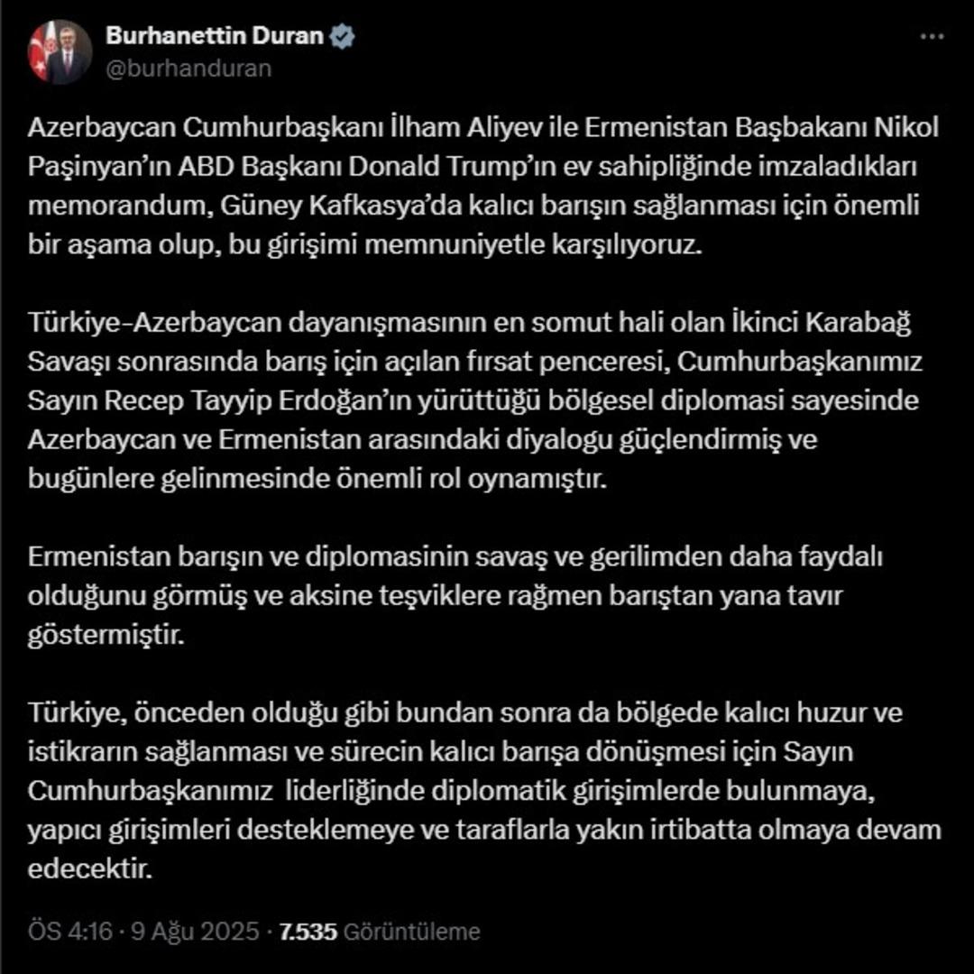 Azerbaycan ile Ermenistan arasındaki barış anlaşması için İletişim Başkanı Duran dan açıklama: "Memnuniyetle karşılıyoruz" 3