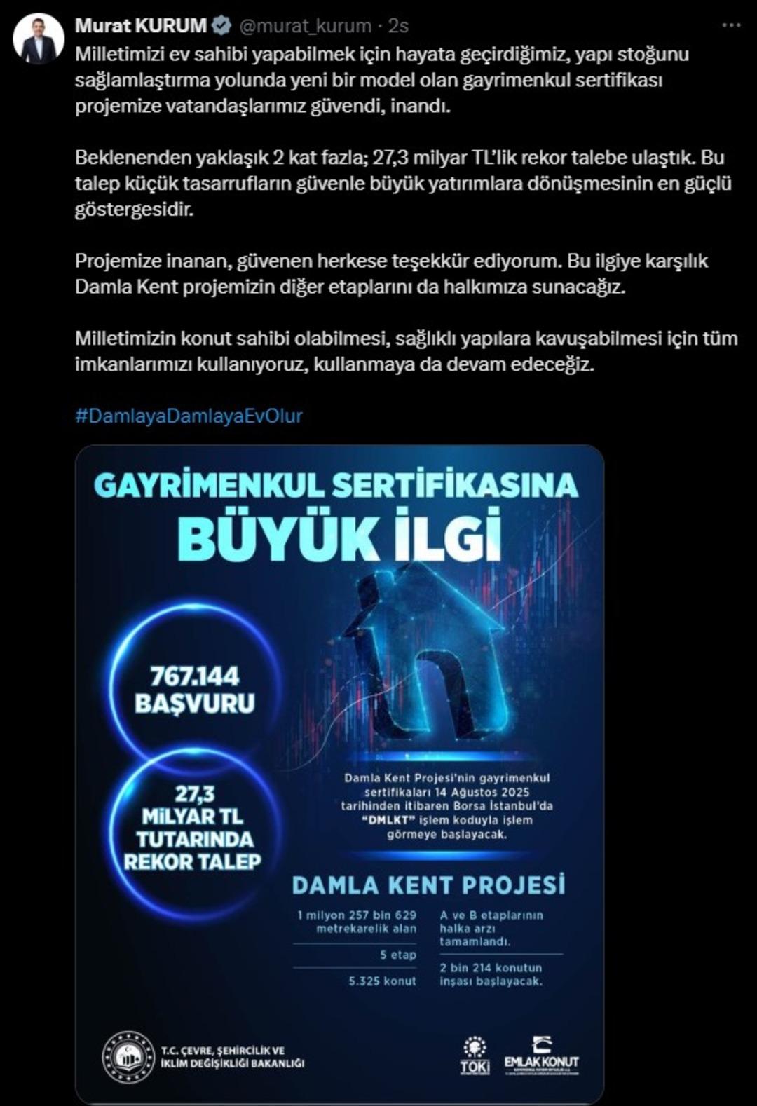  Beklenenden 2 kat fazla  Bakan Kurum  gayrimenkul sertifikası nın halka arz rakamlarını duyurdu  Rekor talep  2