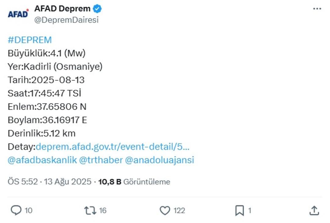 Osmaniye de 4.1 büyüklüğünde deprem! AFAD duyurdu 1
