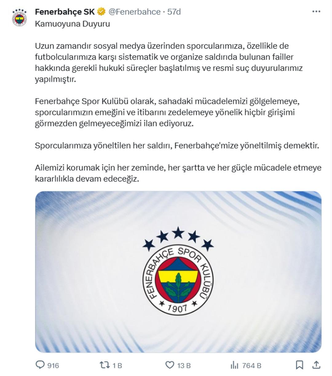 Fenerbahçe sosyal medya üzerinden sporculara saldırıda bulunanlar ile ilgili suç duyurusunda bulunulduğunu açıkladı! 1