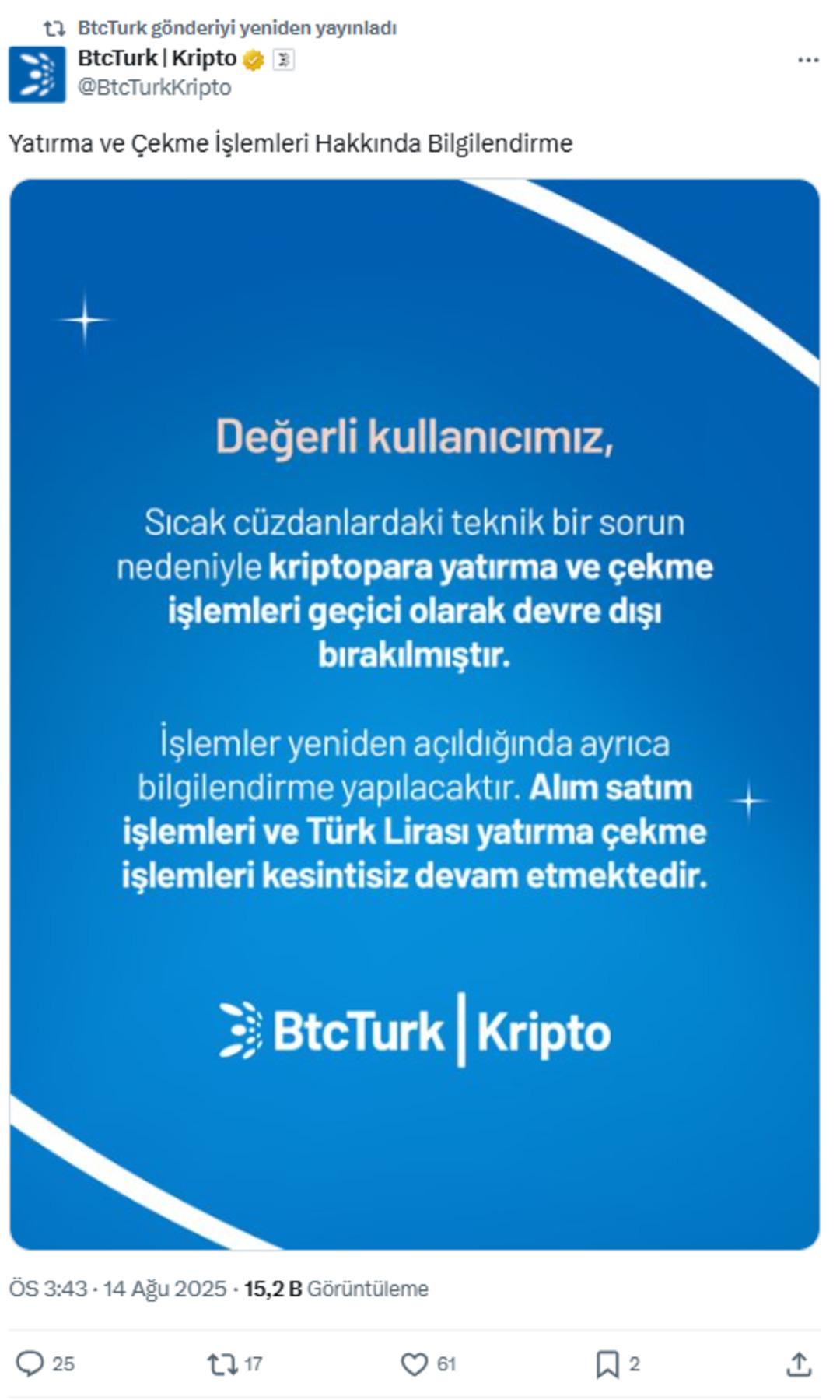 Hacklenme iddialarının ardından BTCTürk ten açıklama!  Devre dışı bırakılmıştır  3