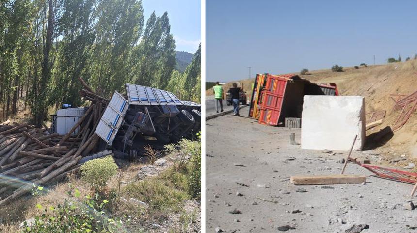 Konya’da mermer blok ve tomruk taşıyan tırlar devrildi: 2 yaralı