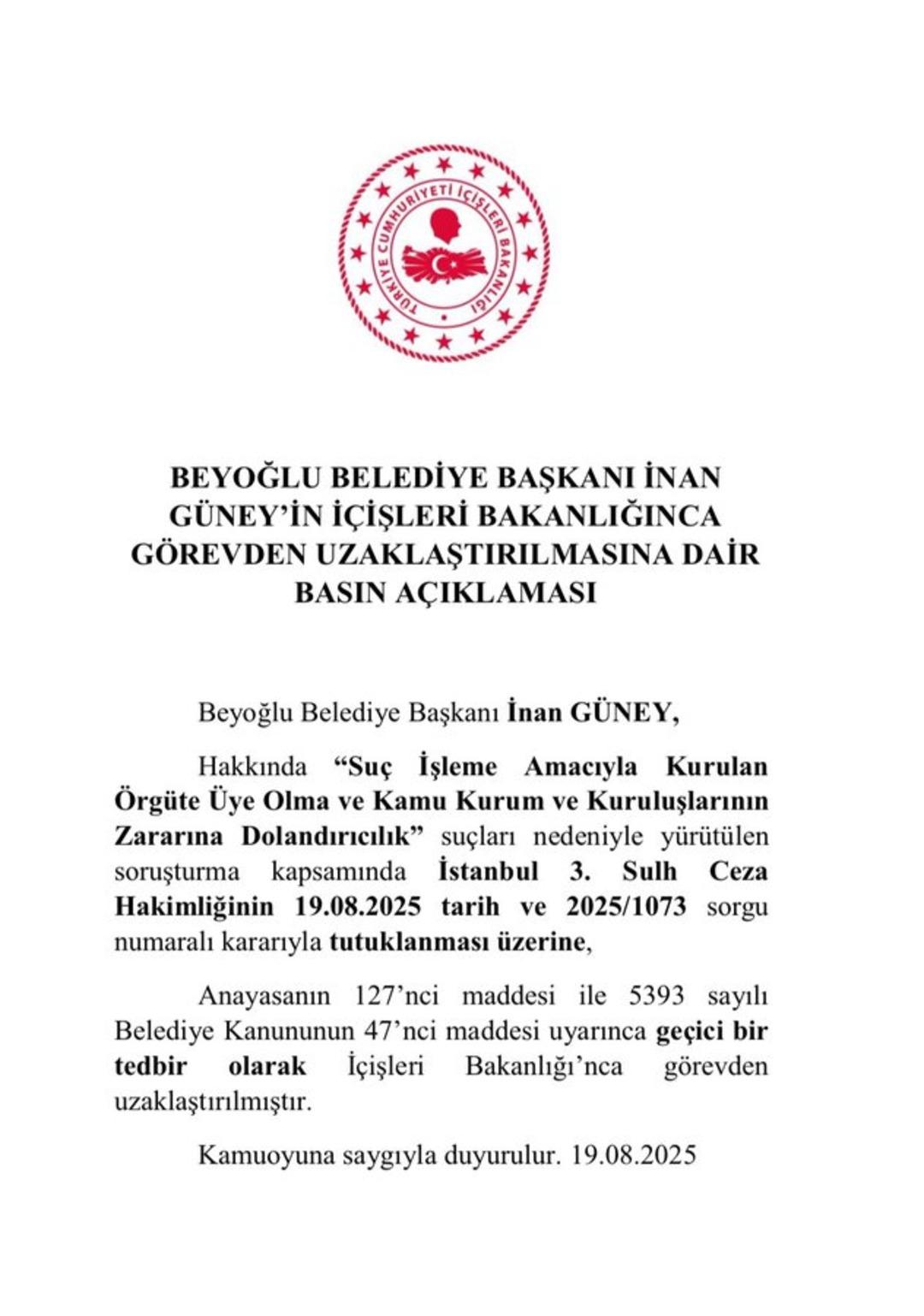 İçişleri Bakanlığı ndan Beyoğlu kararı! İnan Güney görevden uzaklaştırıldı 1