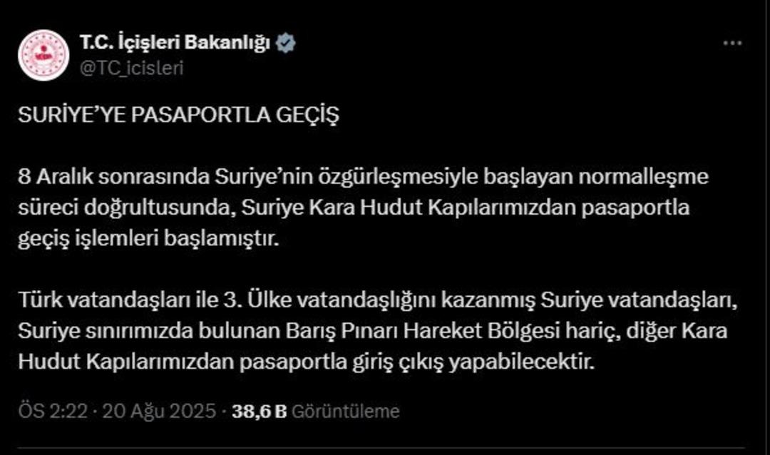 İçişleri Bakanlığı duyurdu! Suriye’ye pasaportla geçişler başladı 1