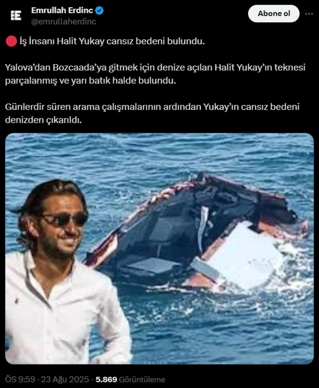 Denizde kaybolan iş insanı Halit Yukay ın cansız bedenine ulaşıldı! 68 metre derinlikte... 2