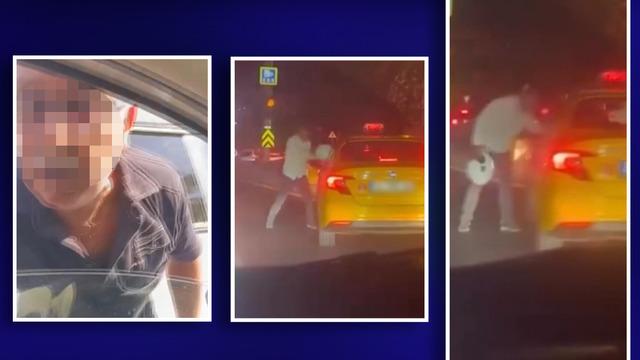 Biri otomobili yumrukladı, diğeri kaskla taksinin camını kırmaya çalıştı! İstanbul trafiğinde 'Yol verme' kavgaları kamerada...