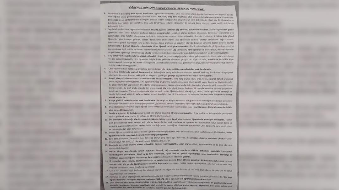 Düzce deki Turgut Özal Anadolu Lisesi nin 18 maddelik kurallar listesi gündem oldu: "Kız öğrenci gerekiyorsa ayakta gidecek", CHP den açıklama: "Suç duyurusunda bulunacağız" 1