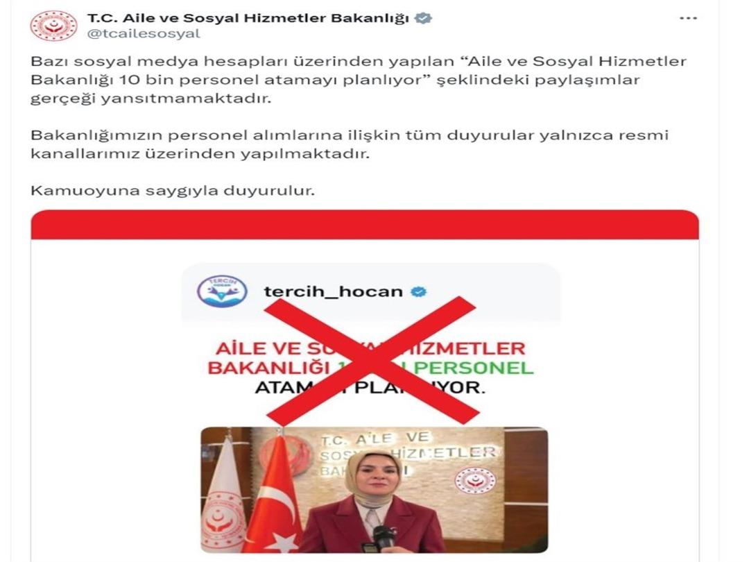 Aile ve Sosyal Hizmetler Bakanlığı’ndan 10 bin personel ataması iddialarına yalanlama 1