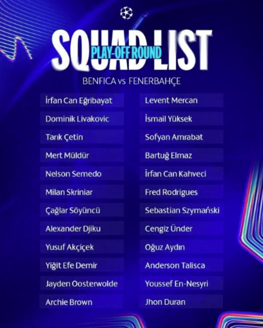 Fenerbahçe nin Benfica maçı kamp kadrosu! 1