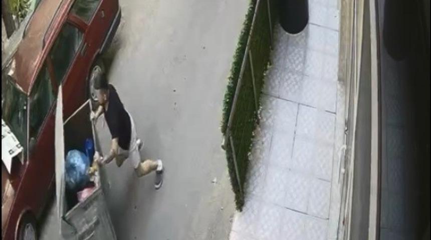 Rampadan kayan çöp konteynerini araçla çarpmadan son anda durdurdu