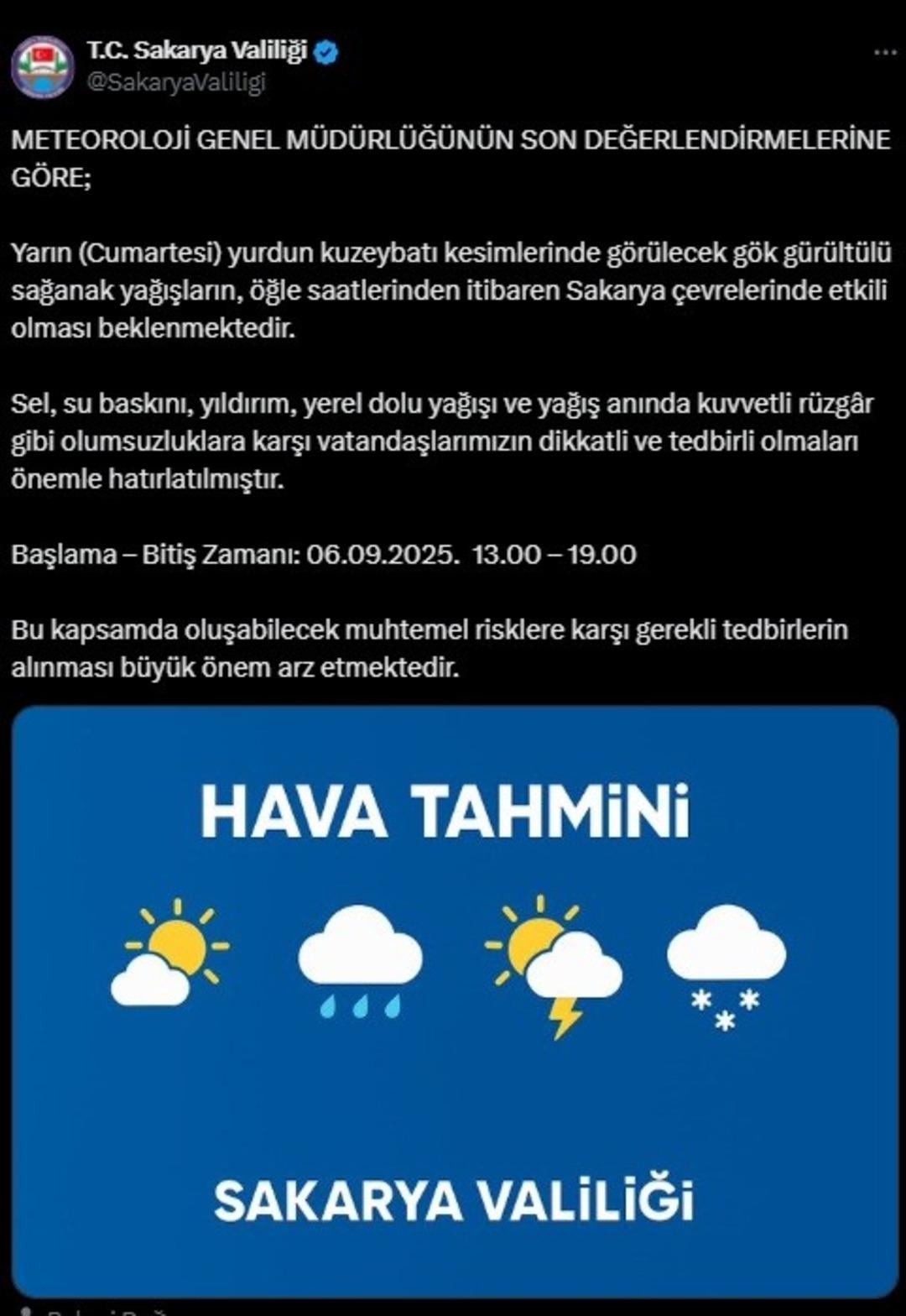 Meteoroloji Genel Müdürlüğü duyurdu: Sakarya’da kuvvetli sağanak yağış uyarısı 1