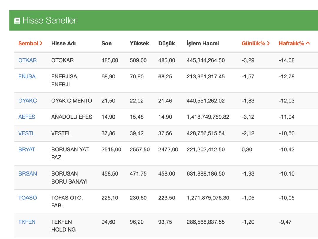 OTKAR, AEFES, TOASO… Borsa İstanbul da haftanın kaybedenleri 1