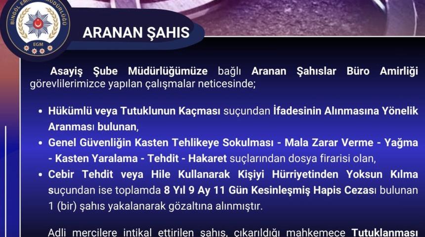 Bingöl’de 8 yıl kesinleşmiş hapis cezası bulunan zanlı yakalandı