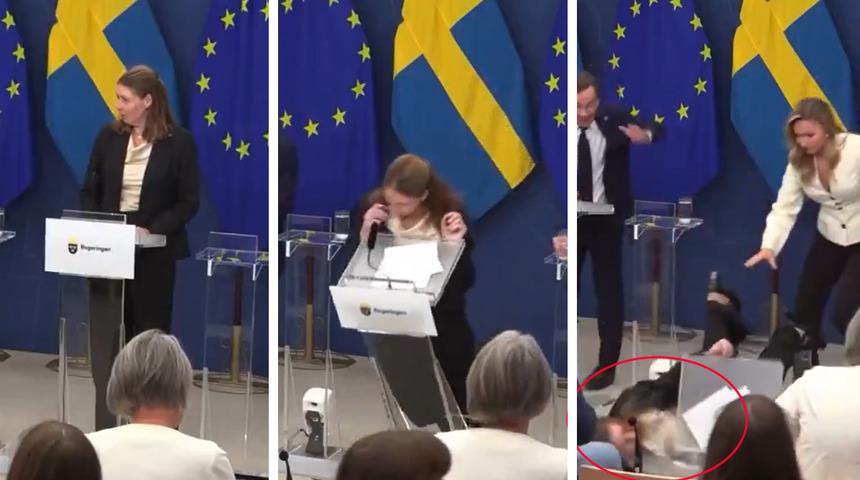 Görüntüler İsveç'ten! Yeni Sağlık Bakanı basın toplantısında bir anda yere yığıldı, yüzünü kürsüye çarptı! İşte o anlar