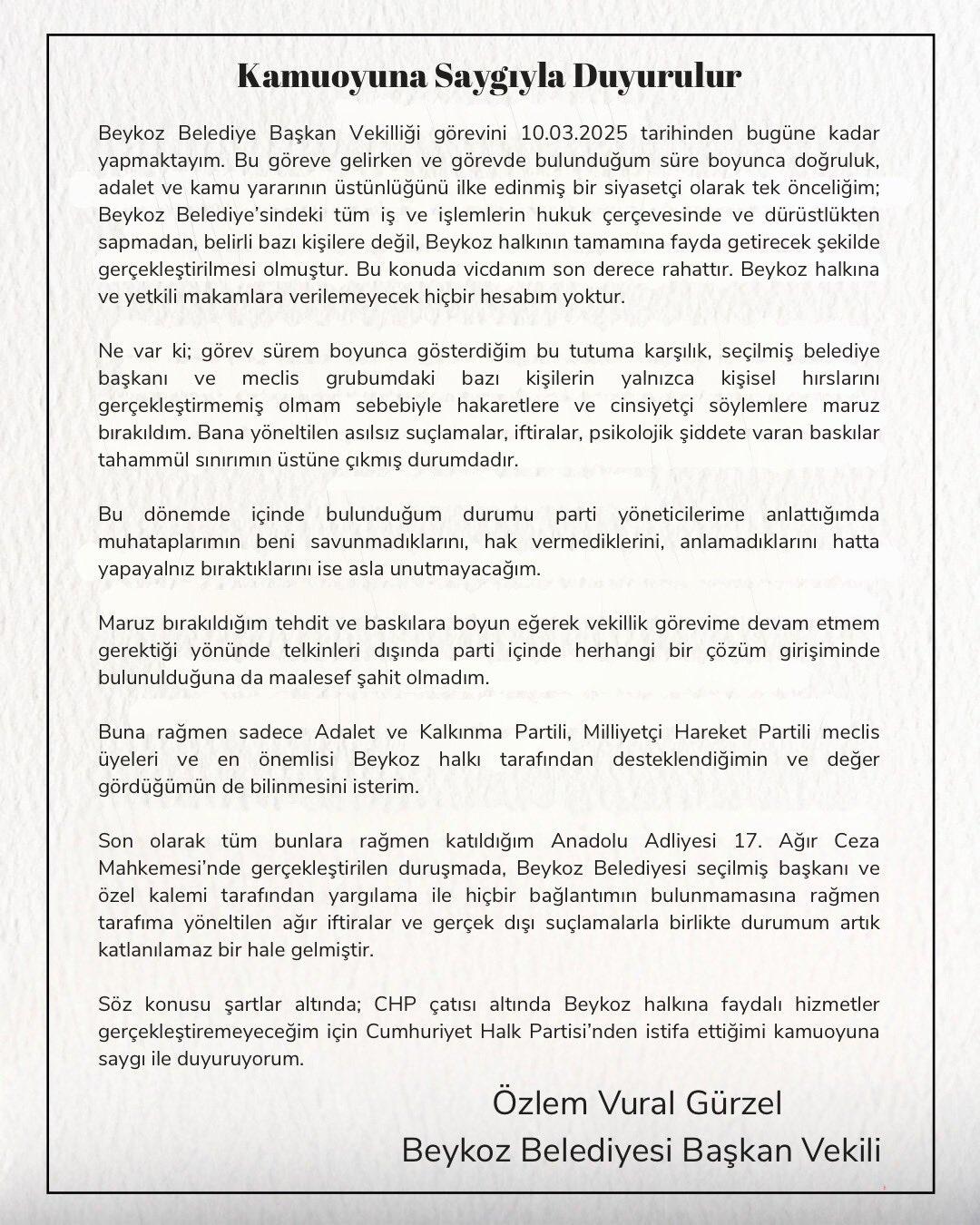 SON DAKİKA | Beykoz Belediye Başkan Vekili Özlem Vural Gürzel istifa etti! Kararını sosyal medyadan duyurdu 2