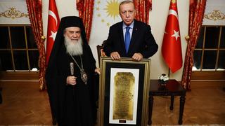 Cumhurbaşkanı Erdoğan, Kudüs Rum Ortadoks Patriği Giannopoulos'u kabul etti