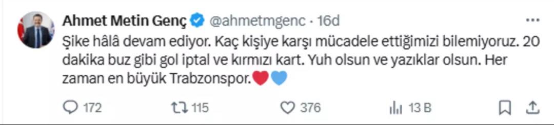 Fenerbahçe yönetim kurulu üyesi Hulusi Belgü’den Trabzon Belediye Başkanı Ahmet Metin Genç in paylaşımına tepki! 6