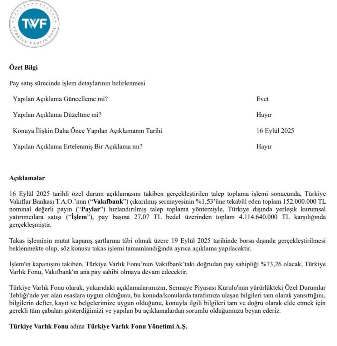 Varlık Fonu, 4.1 milyar TL lik Vakıfbank hissesini yabancılara sattı 1