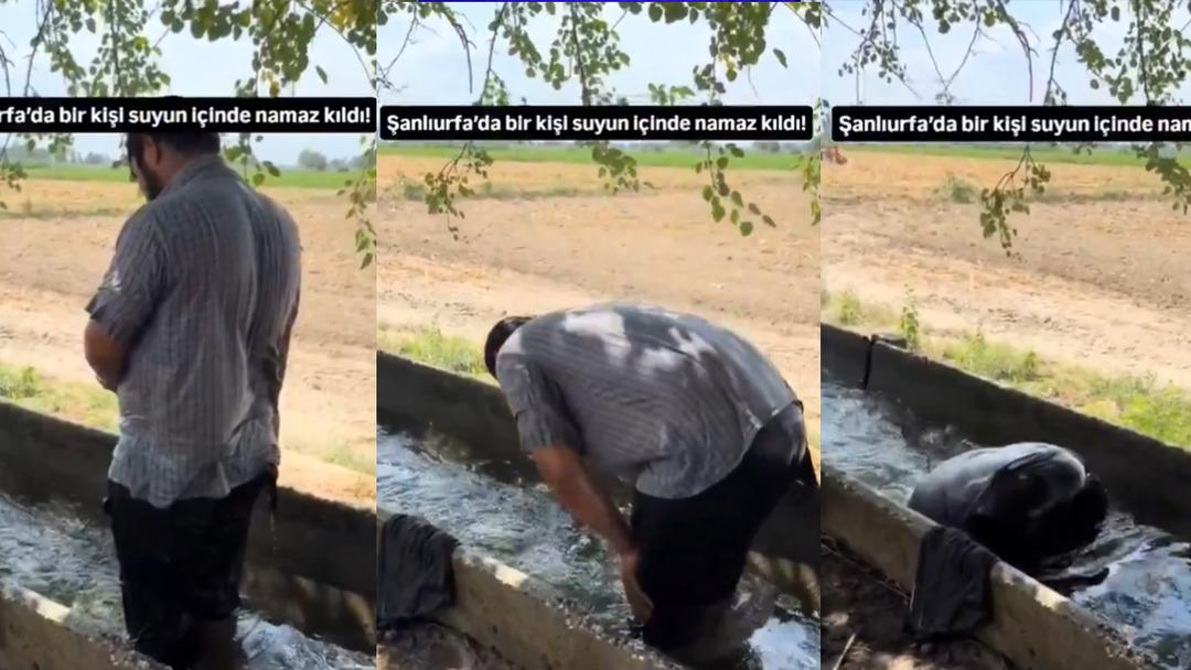 Şanlıurfa&rsquo;da sıra dışı g&ouml;r&uuml;nt&uuml;... Sulama kanalında namaz kıldı! Sosyal medyada yorum yağdı