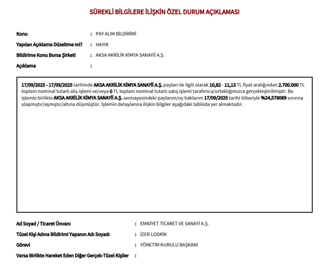 Emniyet Ticaret Aksa Akrilik te payını artırdı 1
