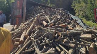 Ordu'da tomruk kamyonu devrildi: 21 ton tomruk yola saçıldı