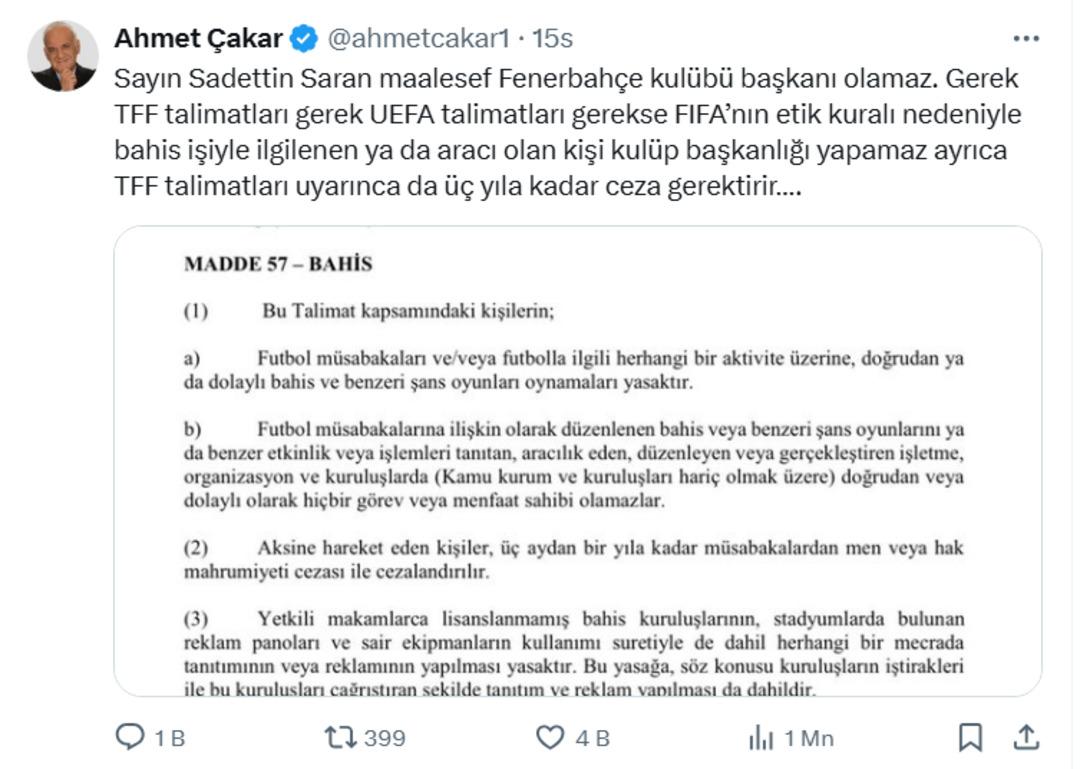 TFF olağanüstü toplanıyor: Sadettin Saran’ın başkanlığına "bahis şirketi" engeli mi geliyor? Fenerbahçe başkanlığı için sıcak gelişme 2