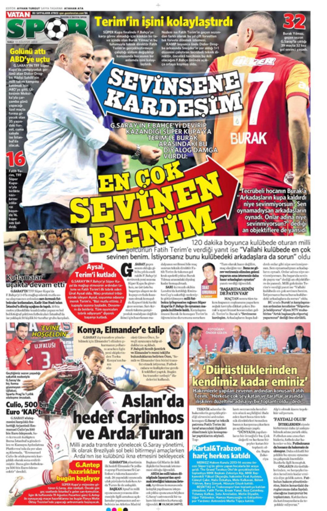G&uuml;n&uuml;n spor manşetleri (13 Ağustos 2013)