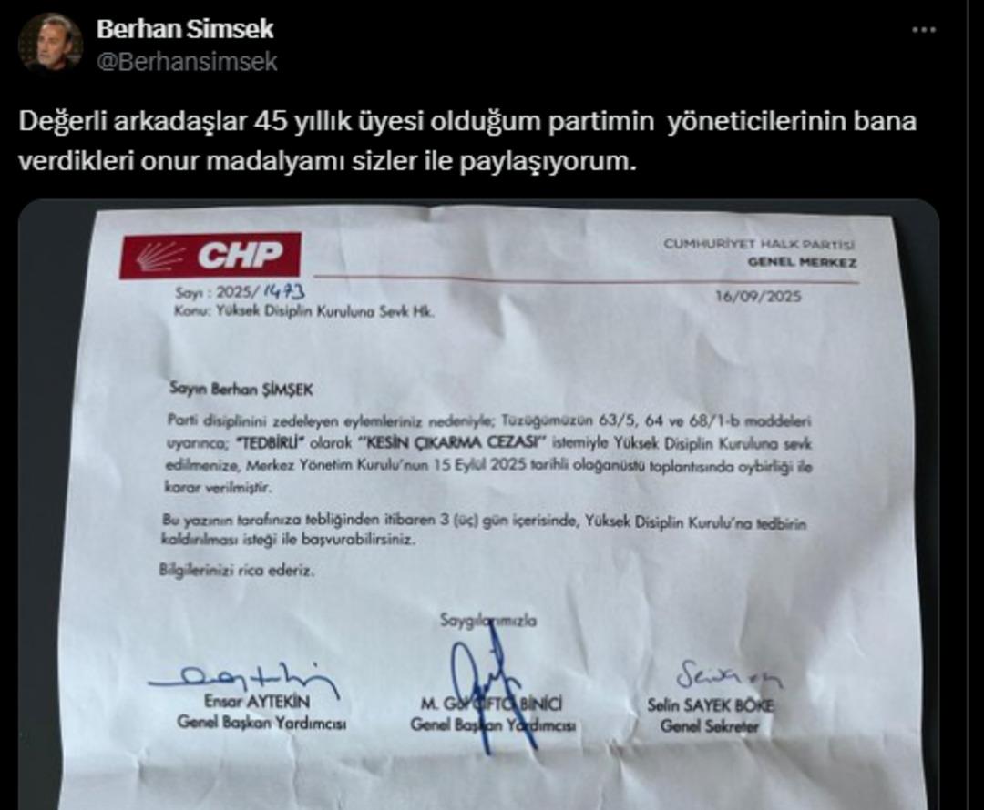 SON DAKİKA | CHP de Berhan Şimşek ihraç istemiyle disipline sevk edildi 1