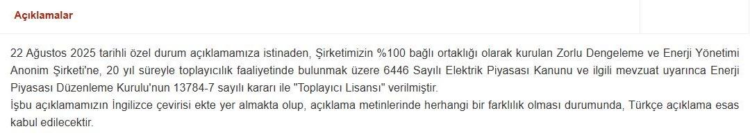 KAP a bildirildi! Zorlu Enerji’ye (ZOREN) 20 yıllık “Toplayıcı Lisansı” 1