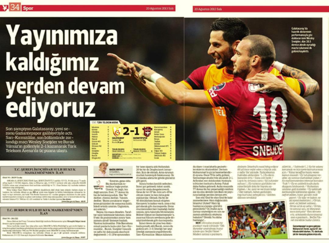G&uuml;n&uuml;n spor manşetleri (20 Ağustos 2013)