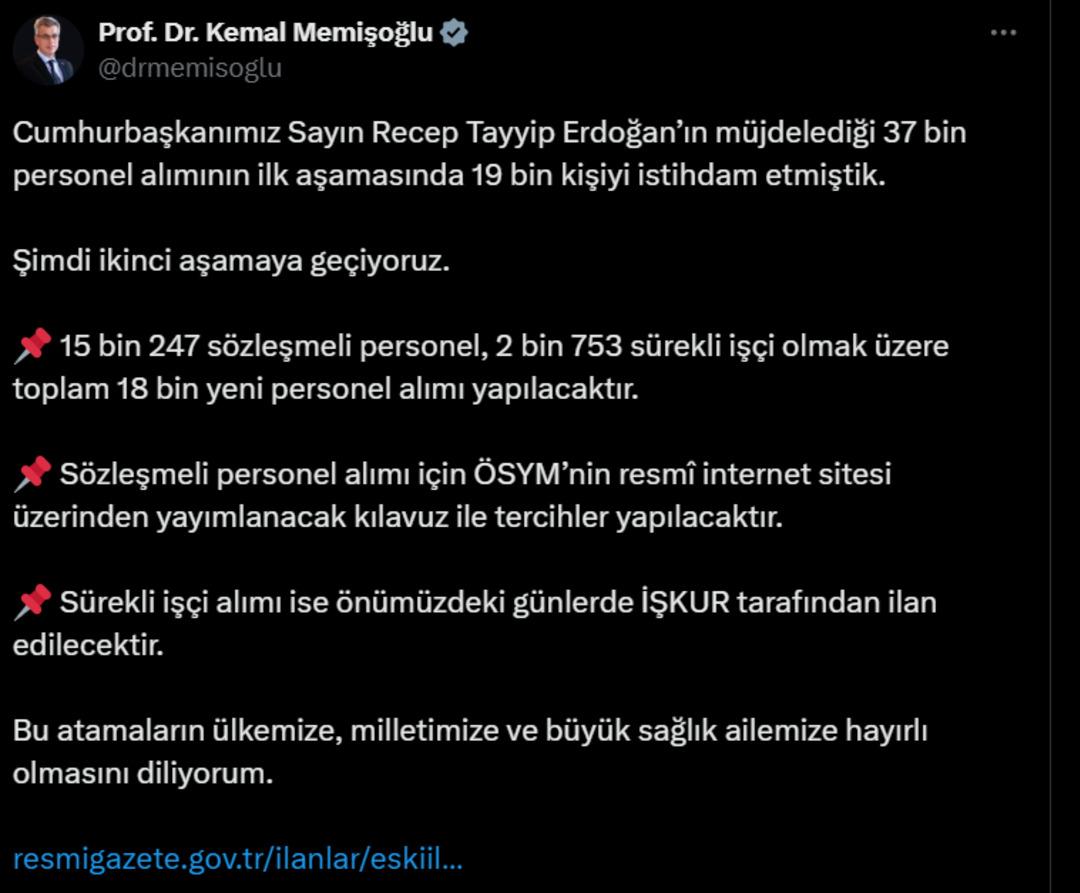 Sağlık Bakanı Memişoğlu "Hazır mısınız?" paylaşımı yapmıştı! 18 bin yeni personel alımı yapılacağını açıkladı 2