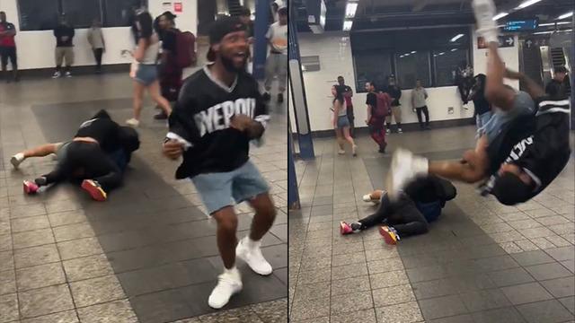 Kavgayı ayırmak yerine taklalı dans gösterisi yaptı! Metronun ortasında freak show gibi görüntüler