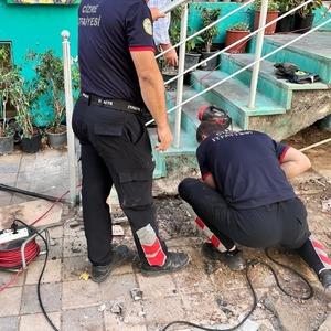 Merdiven boşluğuna sıkışan yavru kediyi itfaiye ekipleri kurtardı