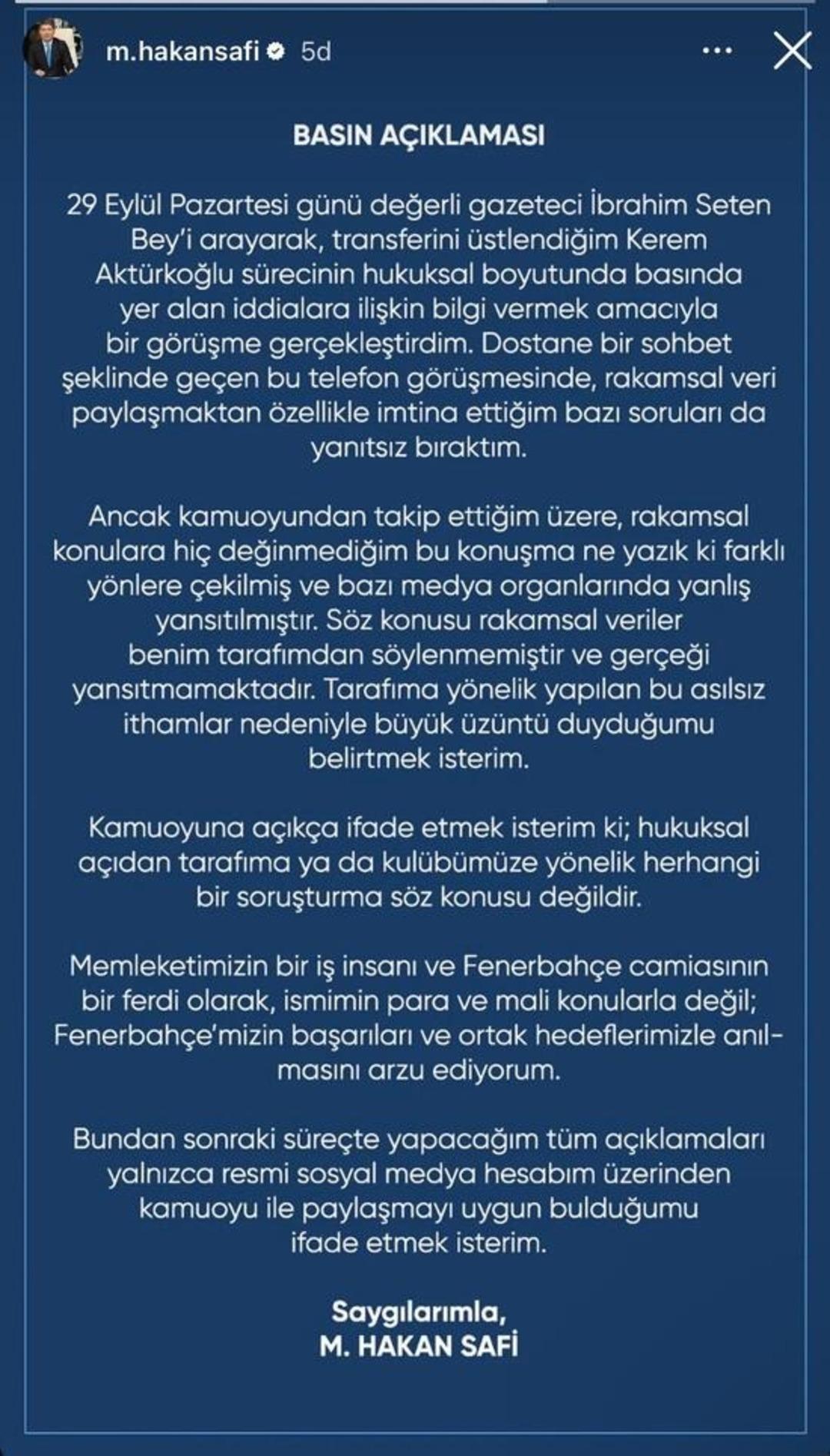 Fenerbahçe nin eski yöneticisi Hakan Safi den Kerem Aktürkoğlu nun sözleşmesine dair resmi açıklama geldi! Çarpıtılıyor... 1