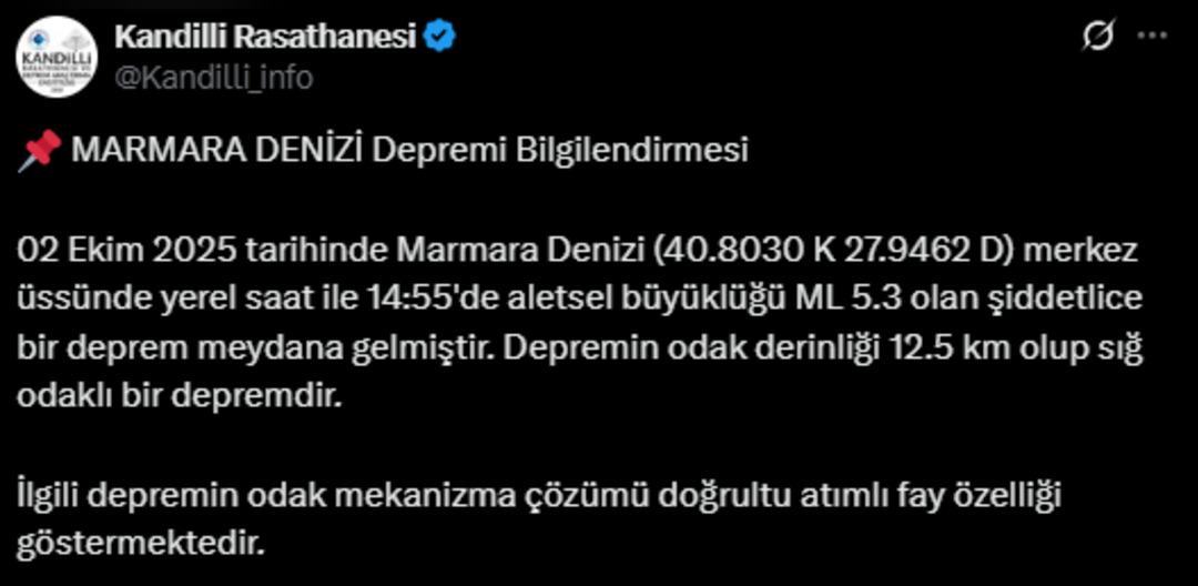 SON DAKİKA | İstanbul da hissedilen deprem! AFAD duyurdu: 5.0 büyüklüğünde merkez üssü Marmara Denizi 2