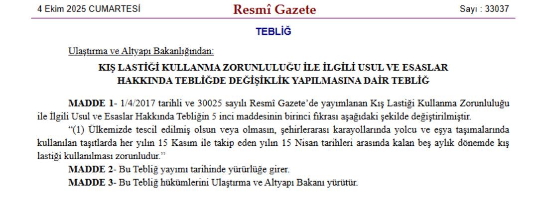 Kış lastiği uygulaması için tarih değişti! Binlerce lira cezası var, Resmi Gazete de yayımlandı 3