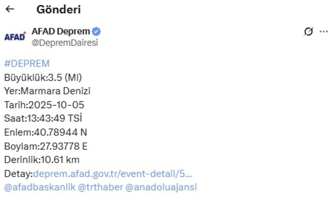 Marmara Denizi nde 3,5 büyüklüğünde deprem! 1