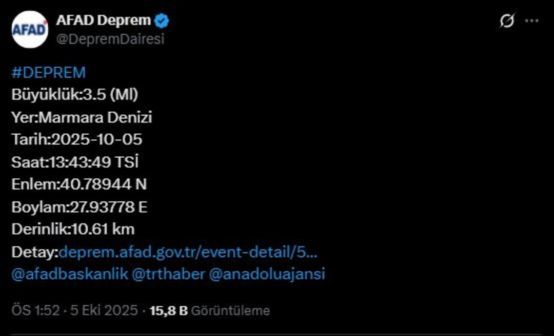 AFAD duyurdu! Marmara Denizi nde 3.5 şiddetinde deprem 1