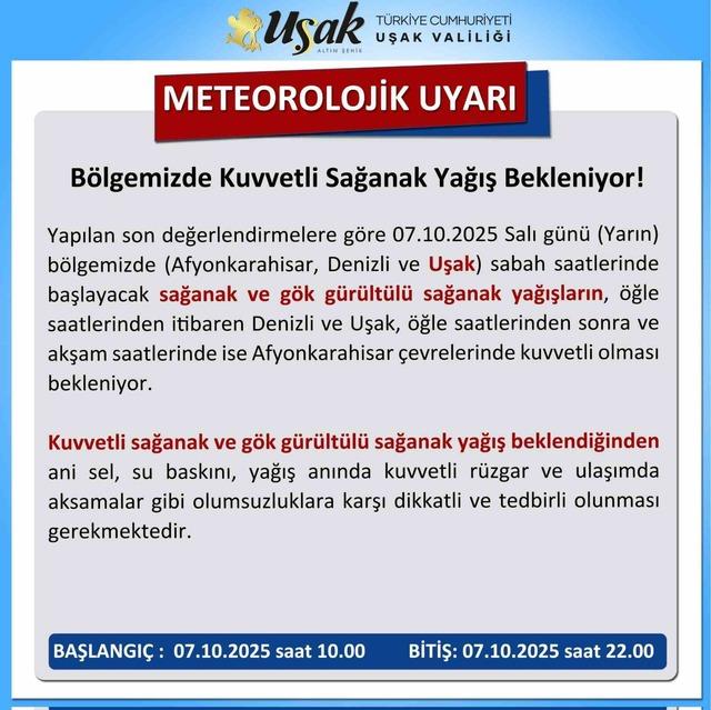 Uşak için kuvvetli sağanak yağış uyarısı 1