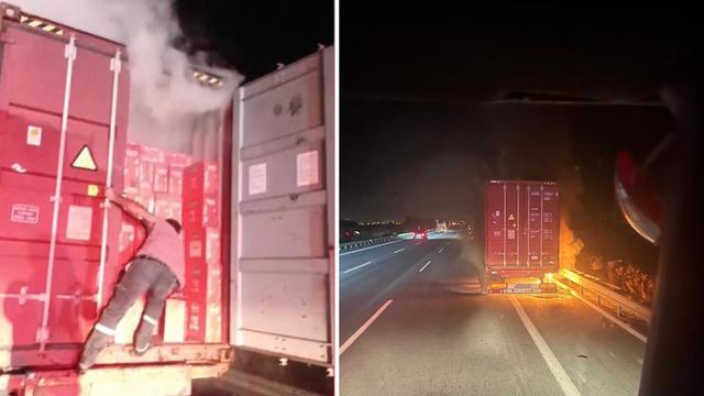 Seyir halindeki tır alev aldı: Makarnaları dorseden atarak kurtarmaya çalıştı