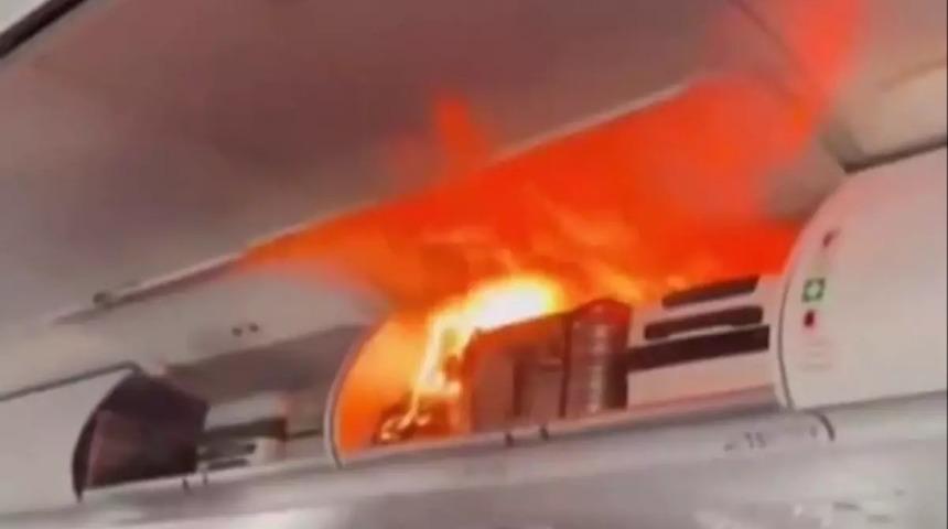 U&ccedil;ağın el bagajı alev alev yandı