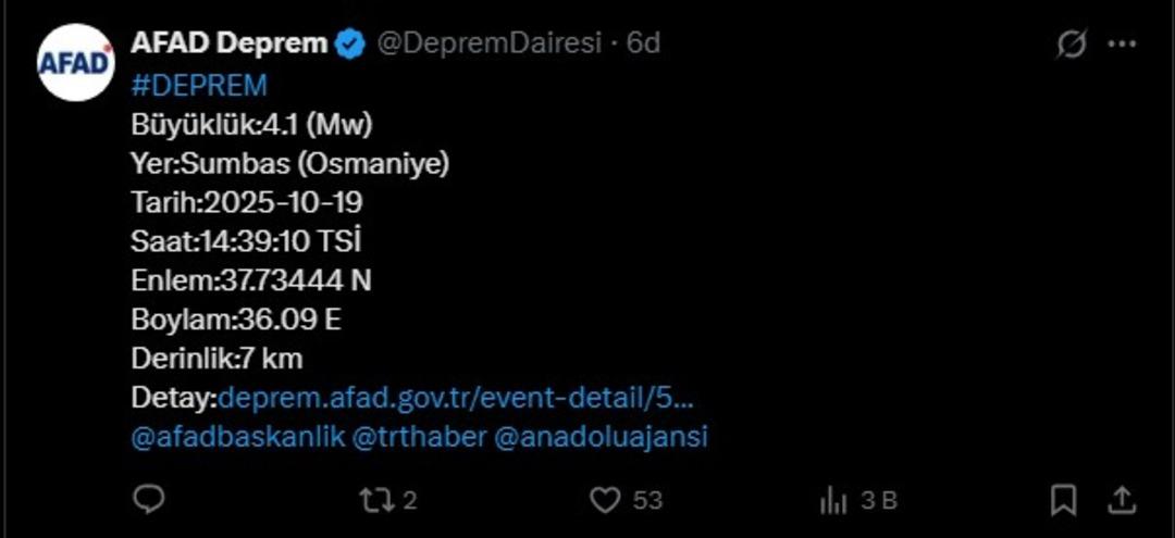 AFAD duyurdu! Osmaniye de 4.1 b&uuml;y&uuml;kl&uuml;ğ&uuml;nde deprem 1