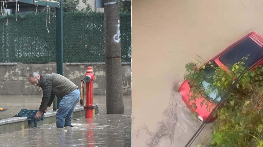İzmir'de sağanak yağış hayatı felç etti! Foça'da yollar göle döndü, araçlar suya gömüldü
