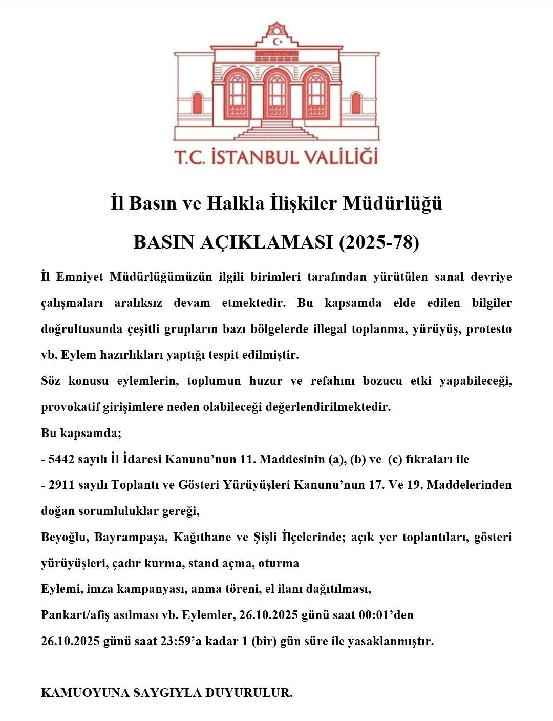 Valilik duyurdu! Beyoğlu, Bayrampaşa, Kağıthane ve Şişli de gösteri yürüyüşleri 1 gün süreyle yasaklandı 1