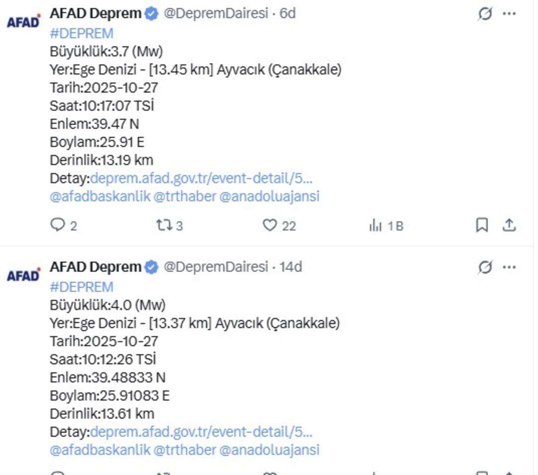 Peş peşe depremler! Önce Mersin ardından Çanakkale 2