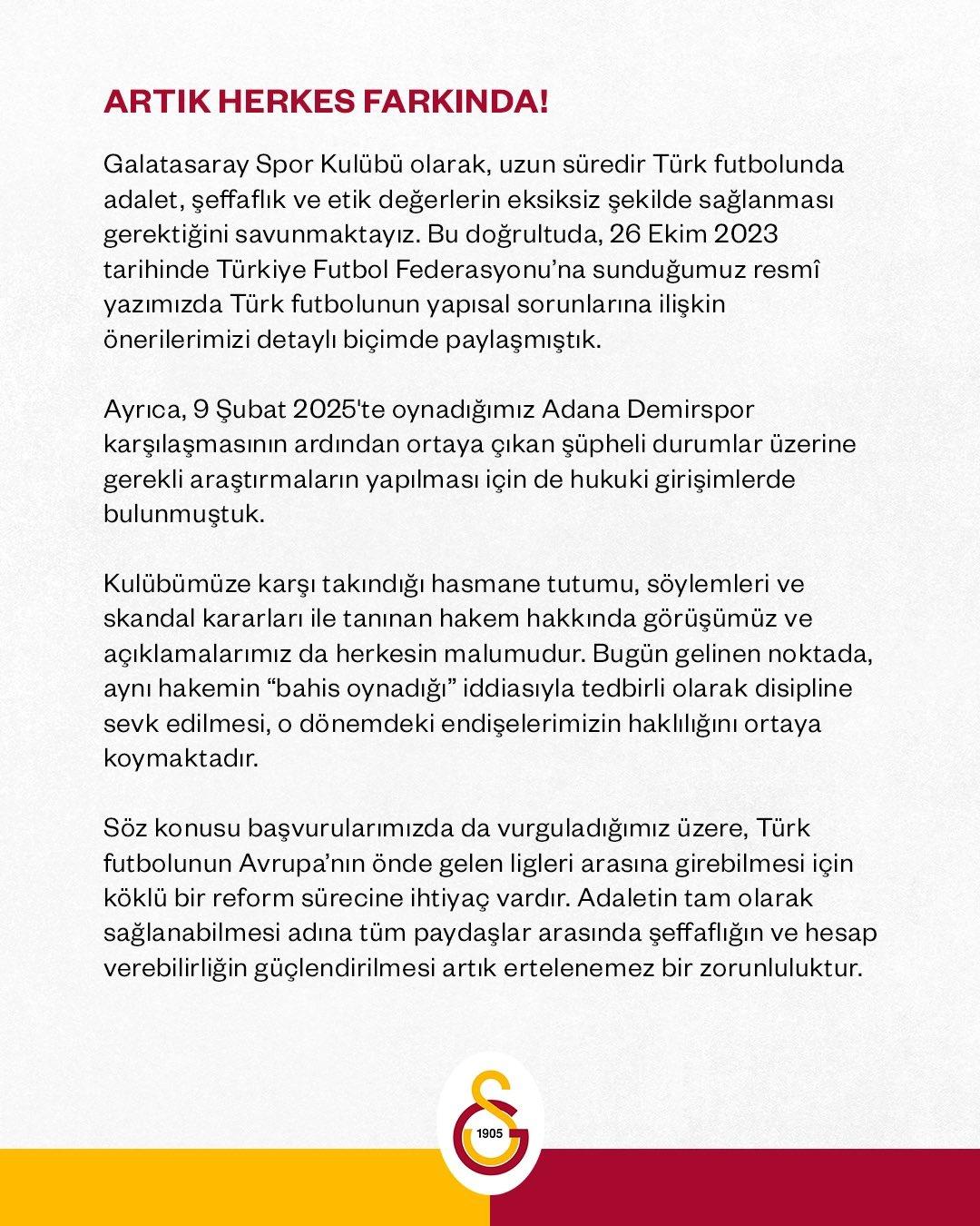 Galatasaray dan a&ccedil;ıklama! Adana Demirspor&rsquo;un sahadan &ccedil;ekildiği ma&ccedil;a&nbsp;dikkat&nbsp;&ccedil;ektiler: Komisyon kurulmalı! 3