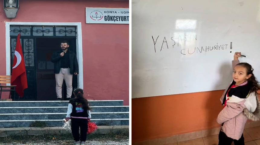 Konya'da 1 öğretmenli, 1 öğrencili okulda 29 Ekim töreni