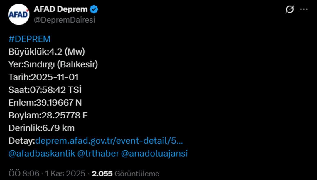 SON DAKİKA | Balıkesir de 4,2 büyüklüğünde deprem! AFAD duyurdu 2